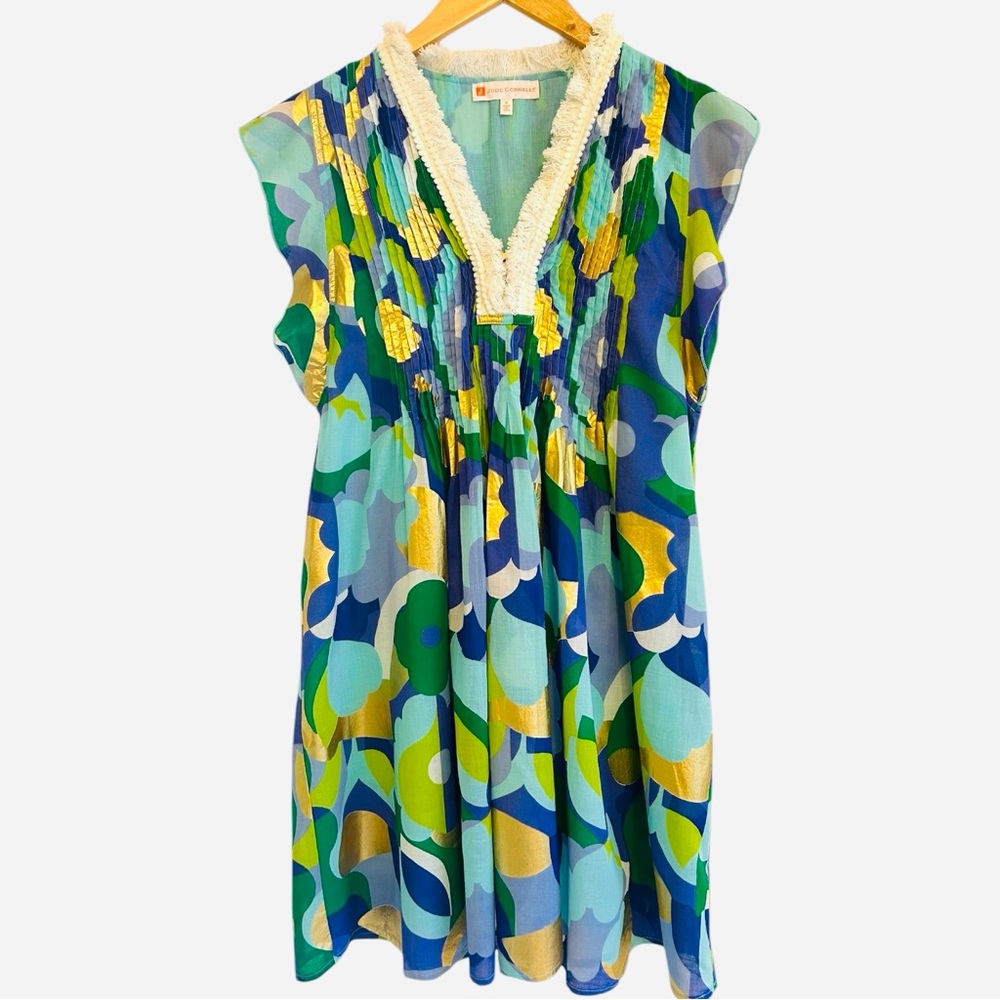 JUDE CONNALLY Larissa Dress Small Swing Flutter Sleeve Summer Blue Gold Voile